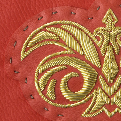"OSLO EMBROIDERY", grained leather zipper pouch, red hibiscus color with golden embroidery - cannetille embroidery