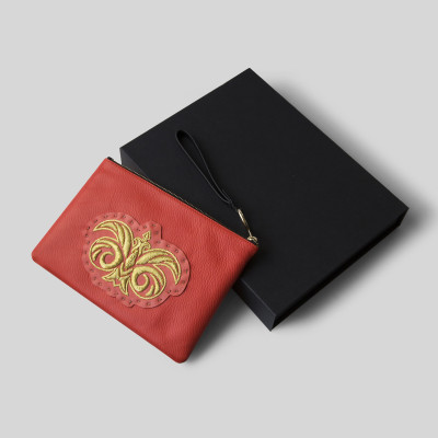 "OSLO EMBROIDERY", grained leather zipper pouch, red hibiscus color with golden embroidery - with MASHA KEJA gift box