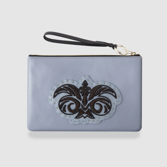 "OSLO EMBROIDERY", grained leather zipper pouch, French blue color with black vintaged embroidery - front view