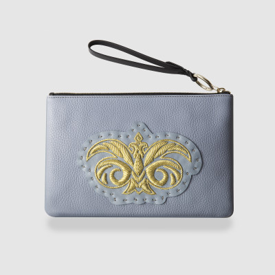 "OSLO EMBROIDERY", grained leather zipper pouch, French blue color with golden embroidery - front view