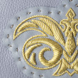 "OSLO EMBROIDERY", grained leather zipper pouch, French blue color with golden embroidery - cannetille embroidery