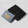 "OSLO EMBROIDERY", grained leather zipper pouch, French blue color with golden embroidery - with MASHA KEJA gift box