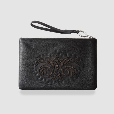 "OSLO EMBROIDERY", grained leather zipper pouch, black color with black vintaged embroidery - front view