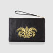 "OSLO EMBROIDERY", grained leather zipper pouch, black color and golden embroidery - front view