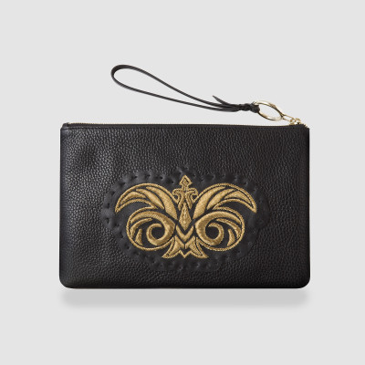 "OSLO EMBROIDERY", grained leather zipper pouch, black color and antique gold embroidery - front view