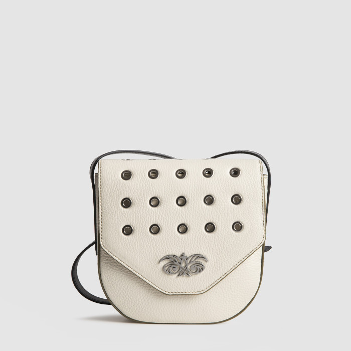 Small crossbody "DINA ROCK" in grained leather, off-white colour - front view