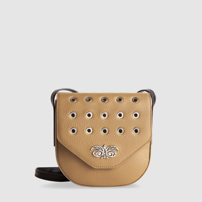Small crossbody "DINA ROCK" in grained leather, camel colour - front view