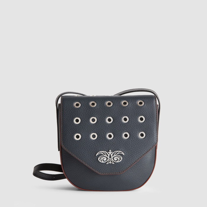 Small crossbody "DINA ROCK" in grained leather, navy blue colour - front view