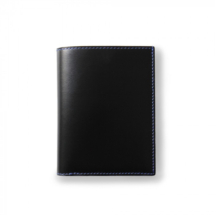 porte-cartes et pièce d'identité "VENDÔME" en cuir noir, finition box doublé de veau lisse, coloris bleu Roi - vue fermé