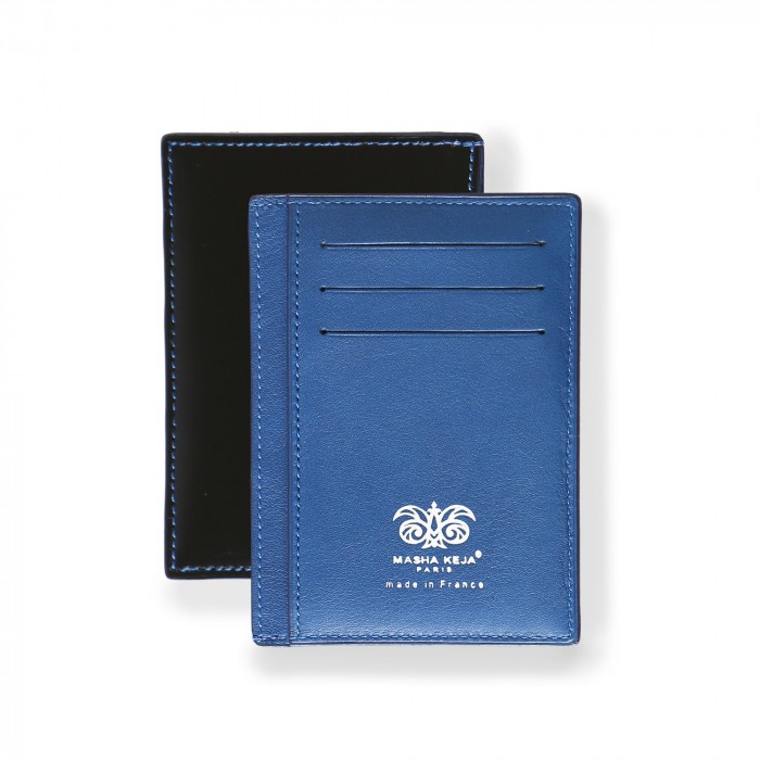 VERTICAL - porte-cartes et pièce d’identité en cuir de veau finis box, coloris noir et bleu - vue face et dos