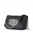 AVA, handbag in calf leather and black deerskin embroidered in silver cannetille - side view with chaine handle
