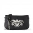 AVA, handbag in calf leather and black color deerskin embroidered in silver cannetille - front view with chain handle