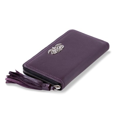 Zipper organizer "LISE" in grained calfskin purple color and leather tassel - side view