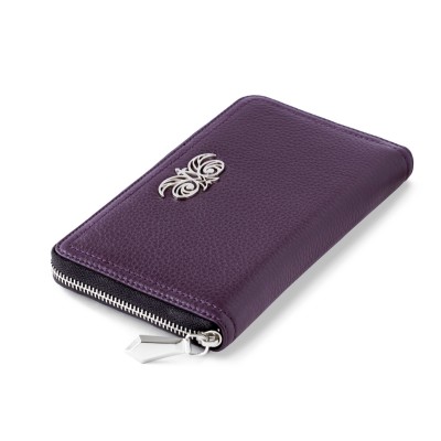 Zipper organizer "GEORGE" in grained calfskin with metal zipper, purple color - side view