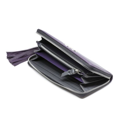 "KYOTO", portefeuille continental zippé en cuir foulonné coloris violet et une tirette pompon - ouvert