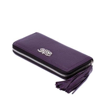 "KYOTO", portefeuille continental zippé en cuir foulonné coloris violet et une tirette pompon - vue de coté
