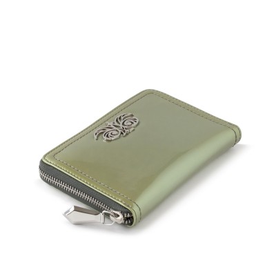 Zip around wallet NEW YORK in varnished leather, changing green color - side view