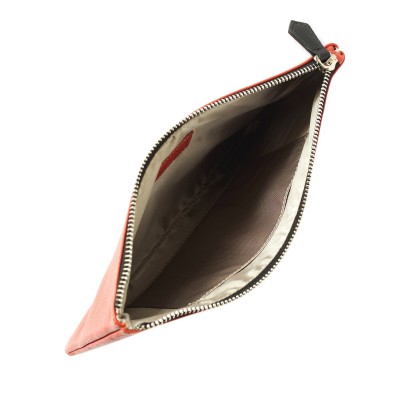 Zipper pouch OSLO in grained calfskin, orange color and light beige satin lining - open