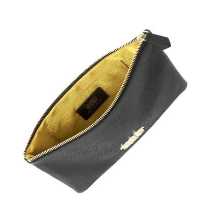 Zipper pouch NEW OSLO in grained calfskin, black color - moire lining in antique yellow color