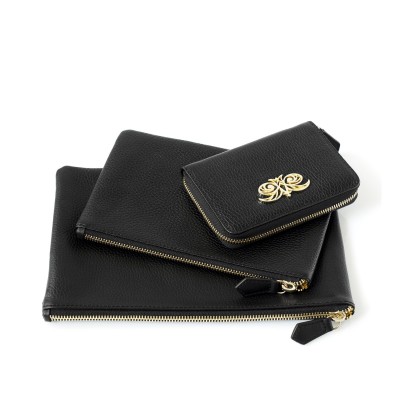 Zipper pouch NEW OSLO in grained calfskin, black color with small zippy pouch JULIE and zip around MADRID wallet