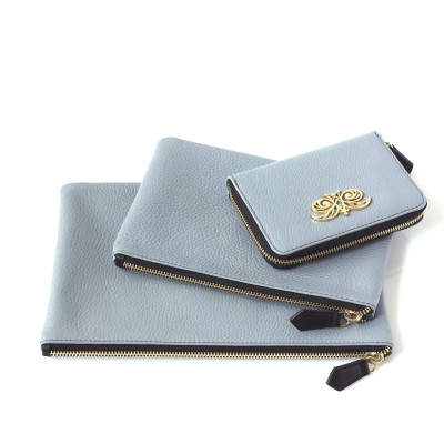 Zipper pouch NEW OSLO in grained calfskin, lavender grey color with small zippy pouch JULIE and zip around MADRID wallet