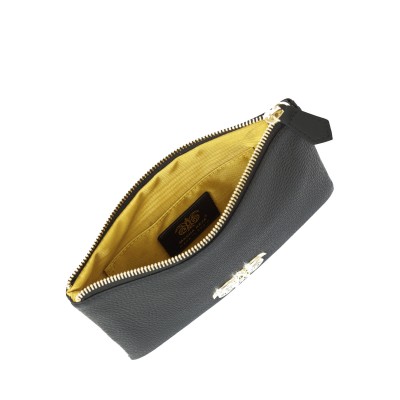 JULIE, zipper pouch in grained calfskin, black color, yellow ochre moire lining  - open