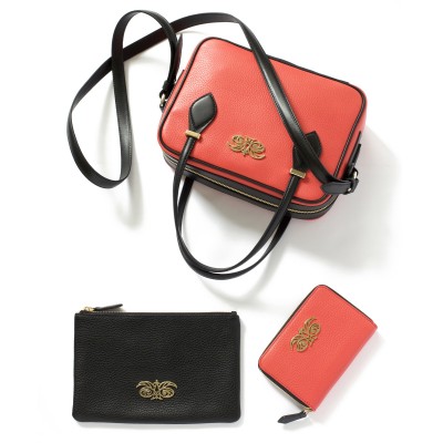 JULIE, black zipper pouch in grained calfskin with leather handbag JULIE and zipper compagnon MADRID, red-hibiscus colors