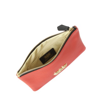 JULIE, zipper pouch in grained calfskin, red hibiscus color, beige moire lining  - open