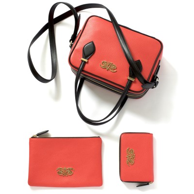JULIE, zipper pouch in grained calfskin with leather handbag JULIE and zipper compagnon MADRID, red-hibiscus color