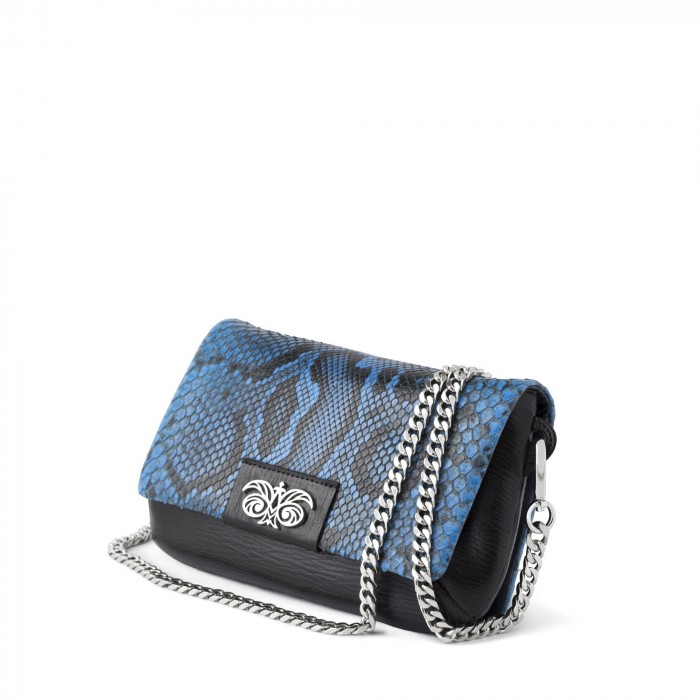 AVA Baby, small handbag in calf and python, royal blue color - side view with chain handle