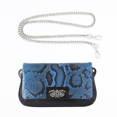 AVA Baby, small handbag in calf and python, royal blue color - front view with silver color chain