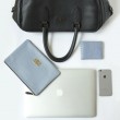 48h leather handbag for woman or man in black color - with objects
