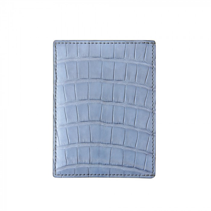 alligator ID and card case "VERTICAL" in lavender color alligator lined with goatskin in off-white color.