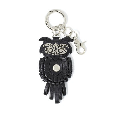 Key holder and bag charms OWL in black leather - front view