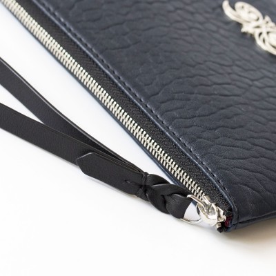 SUZY, lambskin zipper pouch, navy blue color with black leather wrist strap - detail