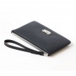 Lambskin zipper pouch with wrist strap, navy blue color - side view