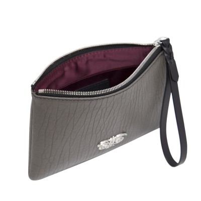 SUZY, lambskin zipper pouch, kaki color with black leather wrist strap - open
