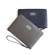 SUZY, lambskin zipper pouches, kaki and navy blue color with black leather wrist strap - front view