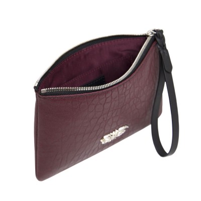 SUZY, lambskin zipper pouch, burgundy color with black leather wrist strap - open