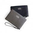 Lambskin zipper pouch with wrist strap, black and kaki colors - front view