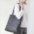Soft lamb leather shopper "SUZANNE", big size, taupe color - worn by a model