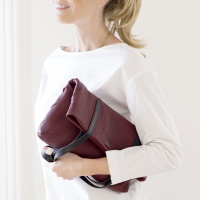 Soft lamb leather shopper "SUZANNE", medium size, burgundy color - folded