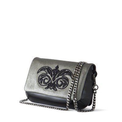 "AVA Baby" handbag in lambskin "taffeta" finished - old silver and black cannetille embroidery - with chain