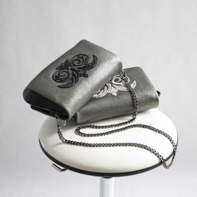 "AVA Baby" handbag in lambskin "taffeta" finished - old silver and silver cannetille - old silver and black cannetille