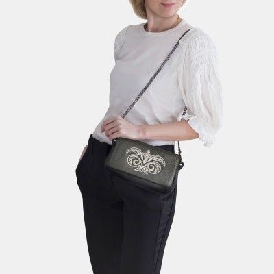 "AVA Baby" handbag in lambskin "taffeta" finished - old silver and silver cannetille embroidery - on model