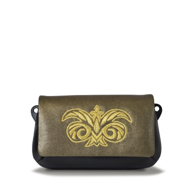 "AVA Baby" handbag in lambskin "taffeta" finished - antique gold and golden cannetille embroidery - front view